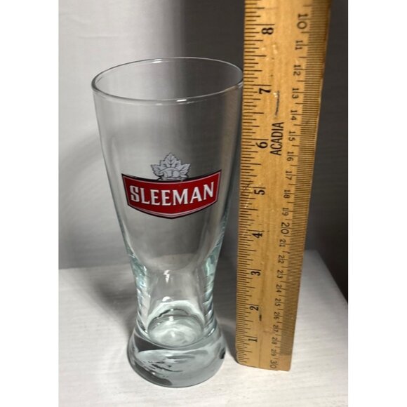 Sleeman Branded Pilsner Glass 7" Tall Clear Glass Beer Mug Red Logo Maple Leaf - Picture 4 of 6